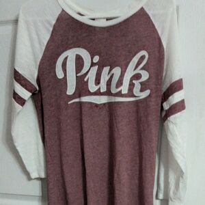 PINK Victoria's Secret Burgundy and White Raglan Tee